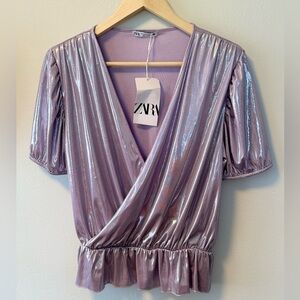 Zara Shimmering Lavender Wrap Blouse
